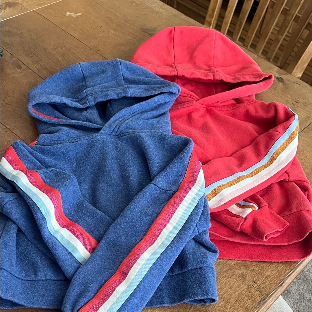 Boden Kids' Blue and Red Hoodies with Colorful Stripes. Size 6-7 y.